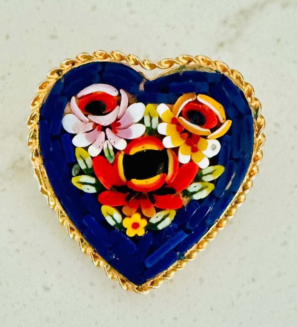 Vintage Italian Micro Mosaic Heart Brooch Floral Gold Tone Pin Made in Italy